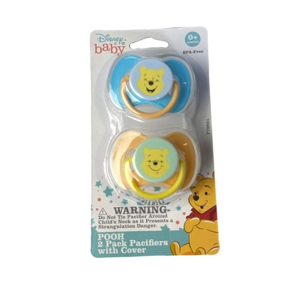 Disney Baby Winnie The Pooh Set of 2 Pacifier with‎ Cover 0m+ Blue & Yellow NEW